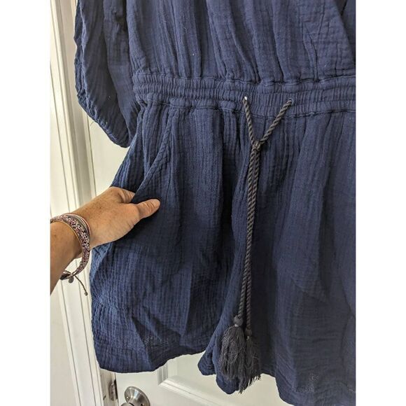 Anthropologie Celia Gauzy Romper Women's size XS navy blue faux wrap drawstring - Picture 8 of 13